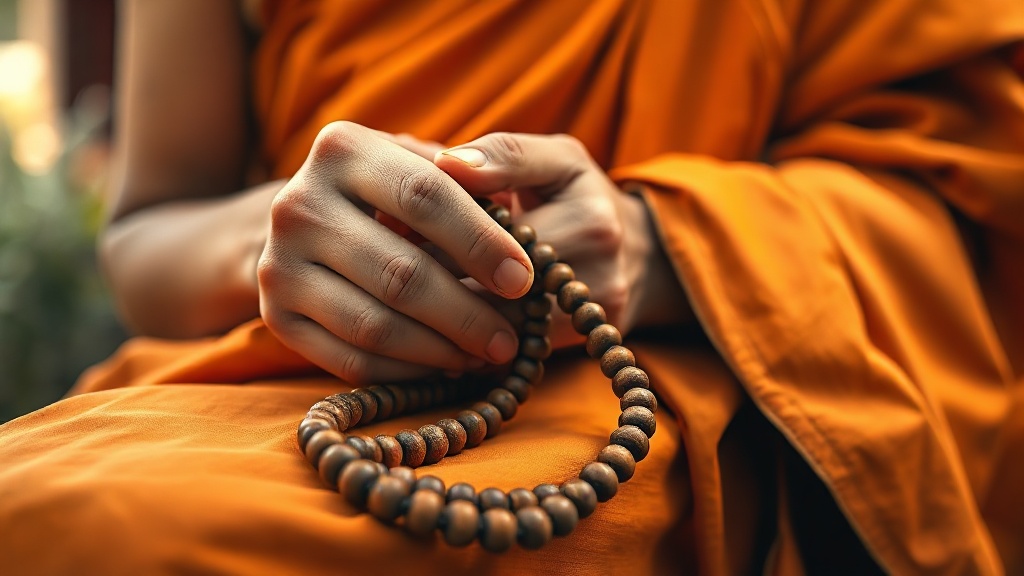 Mala bouddhiste en bois tenu dans les mains d'un moine, symbole de la pratique méditative