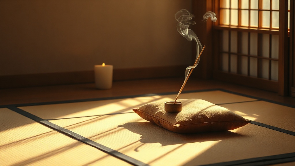 Espace de méditation zen avec zafu, encens et bougie, pratique du Noble Sentier Octuple