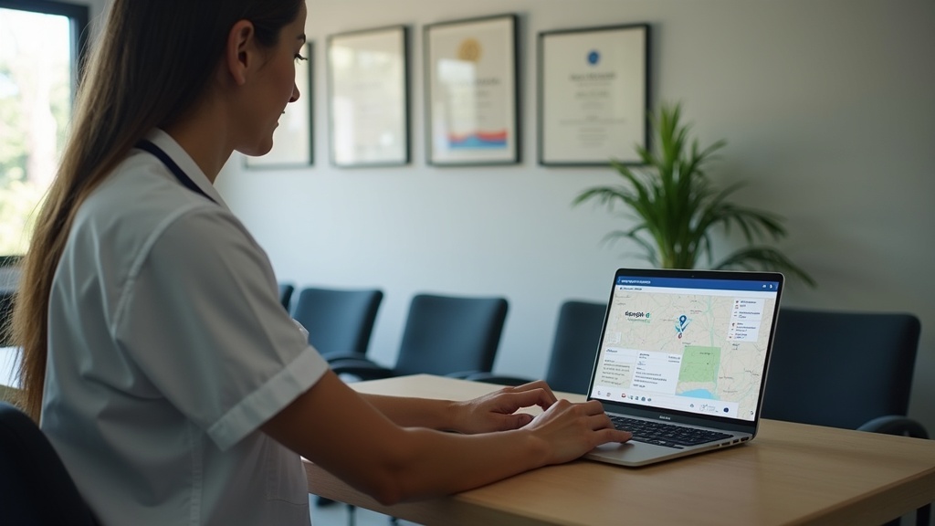 Recepção de consultório brasileiro com profissional analisando SEO local no computador.