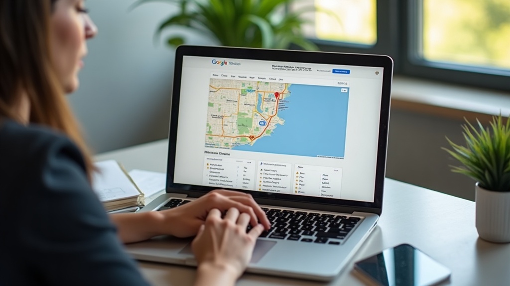 Gestor de consultório revisando página com mapa e bairros atendidos em site no notebook.