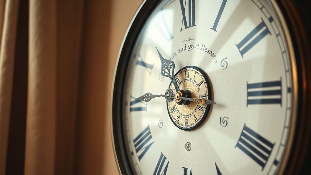Vintage clock face with Roman numerals and aged brass hands on a cream enamel dial