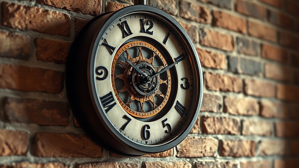 Industrial open-dial wall clock with visible gears and copper tones on a brick wall