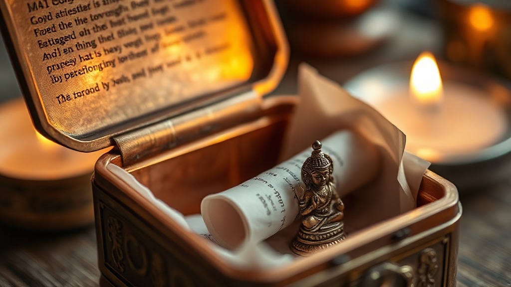 Open Tibetan gau box interior showing rolled prayer strip and small deity miniature inside copper container