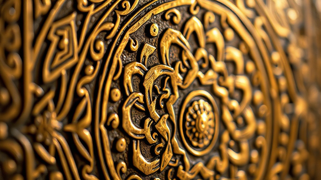 Engraved Tibetan gau box front panel showing endless knot and lotus motif in brass repousse metalwork
