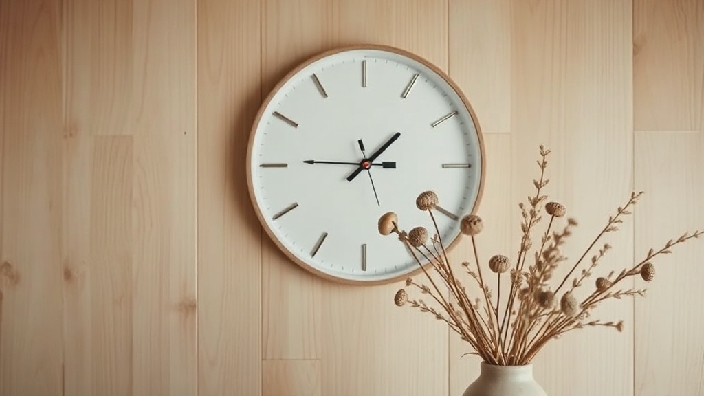 Minimalist Scandinavian clock with baton markers and no numerals on an oak wood wall