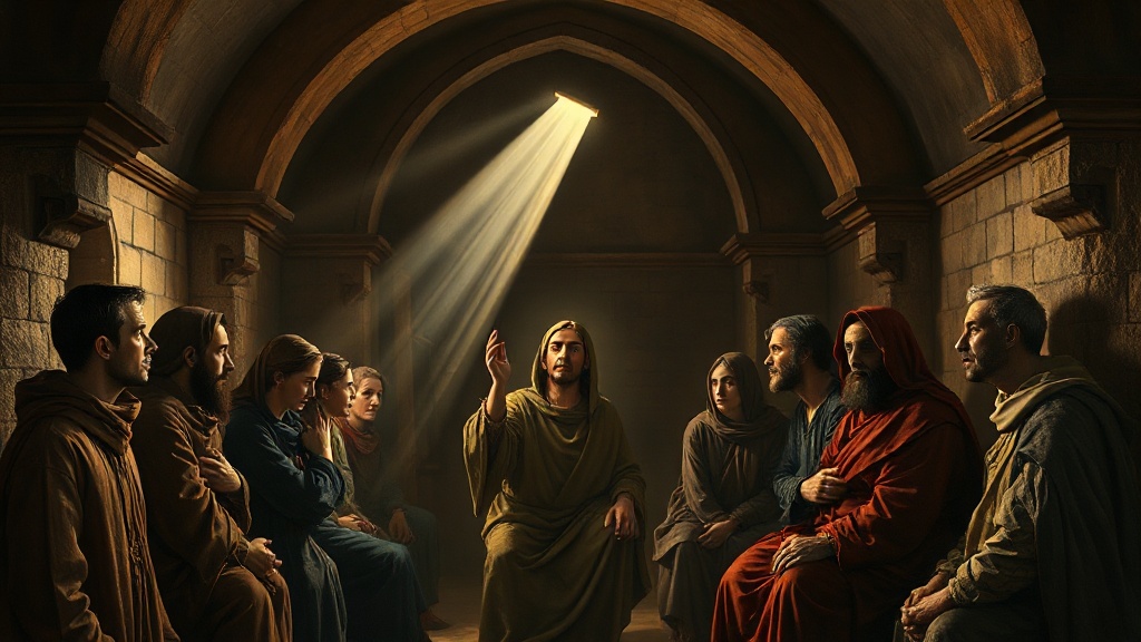 A contemplative scene of spiritual discernment with light and shadow
