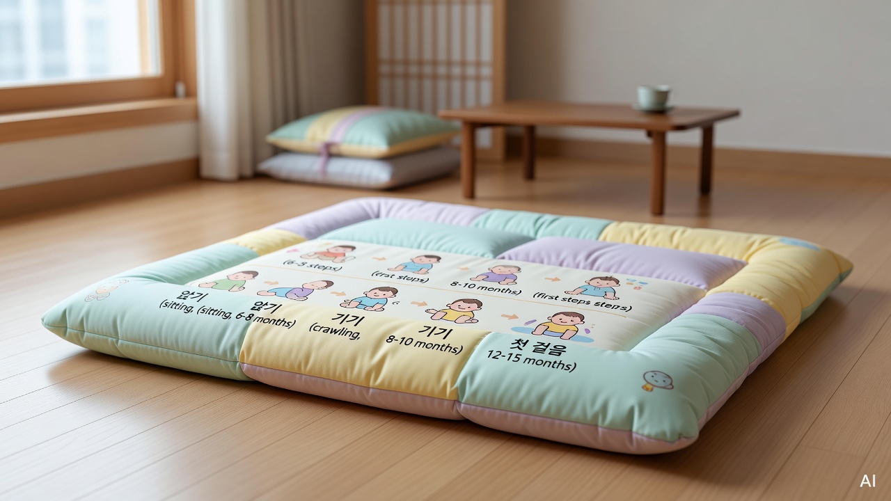 soft baby play mat with developmental milestone chart printed on it, placed on a wooden floor