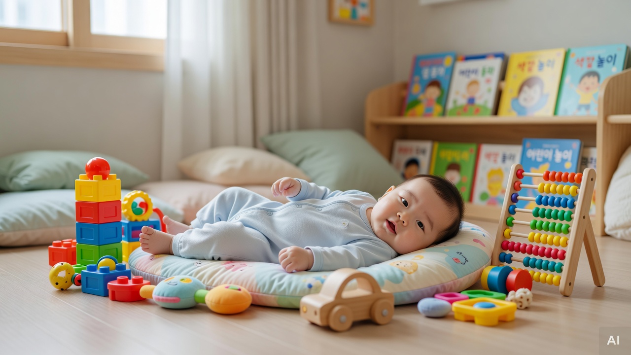 baby lying on a soft play mat surrounded by colorful toys in a bright nursery room