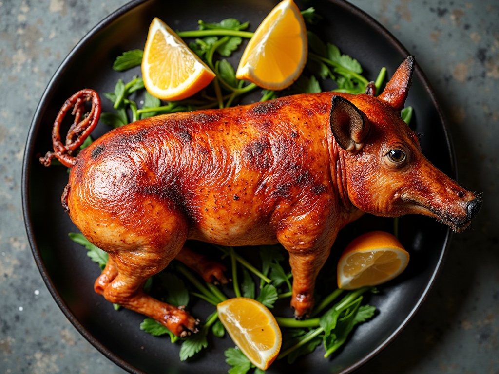 Close-up of roasted meat with crisp golden crackling, ready to carve