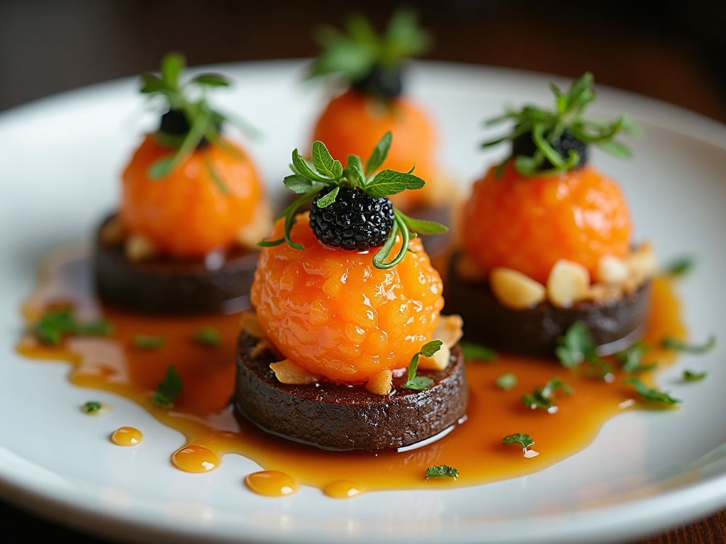 Caviar served on blinis with lemon garnish in an elegant dish