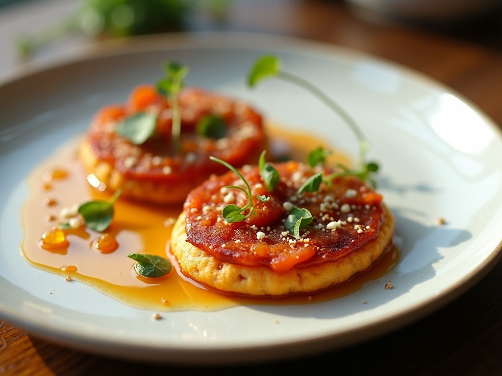Caviar served on blinis with lemon garnish in an elegant dish