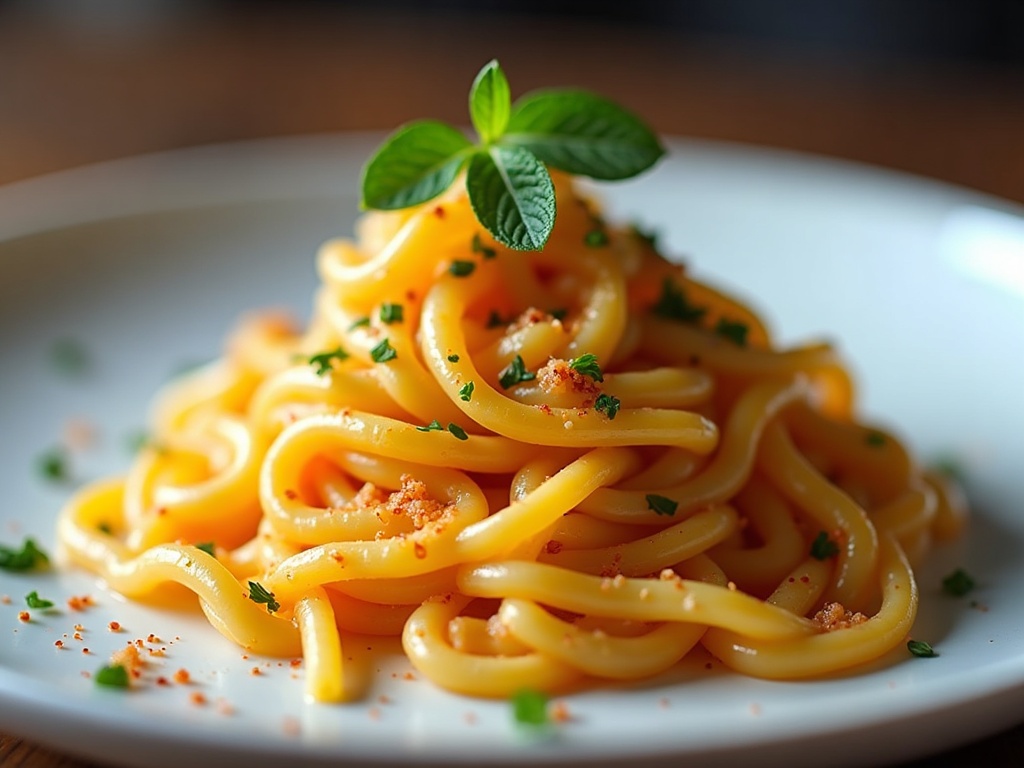 Spaghetti with caviar and brown butter on a white plate with lemon