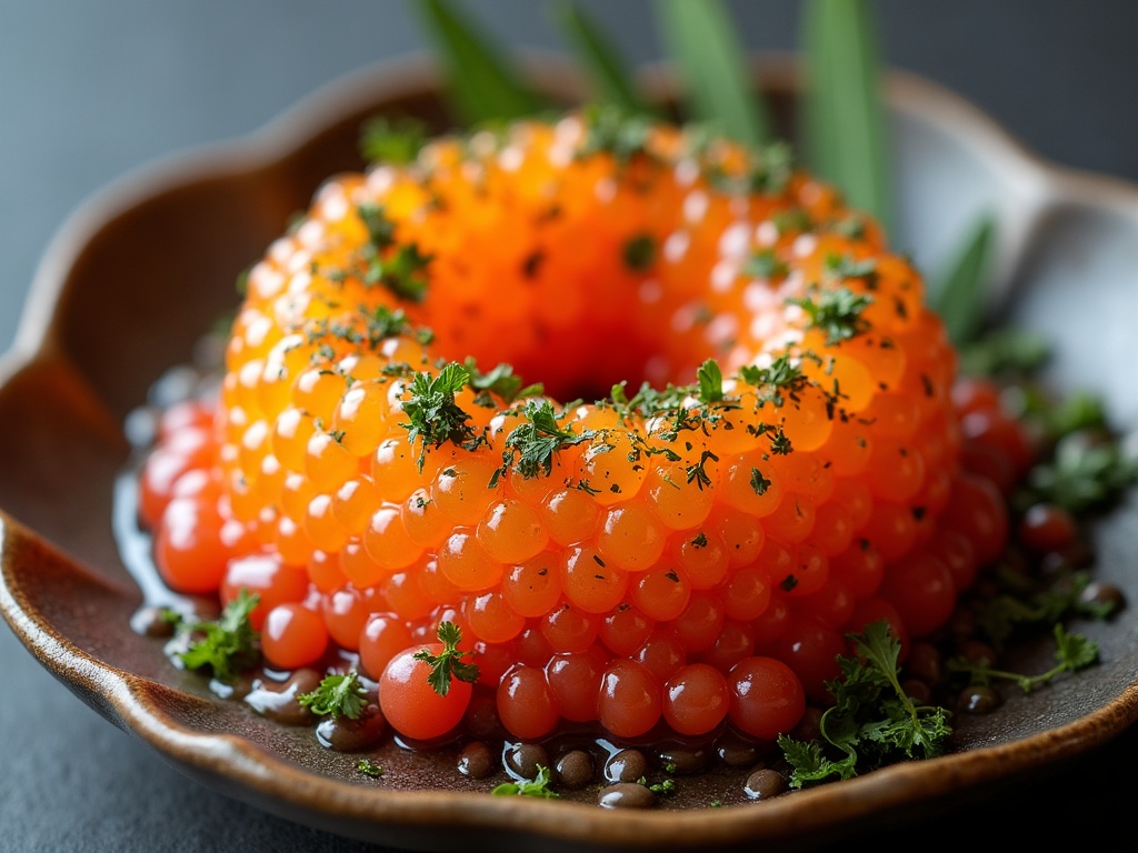 Caviar served on blinis with lemon garnish in an elegant dish