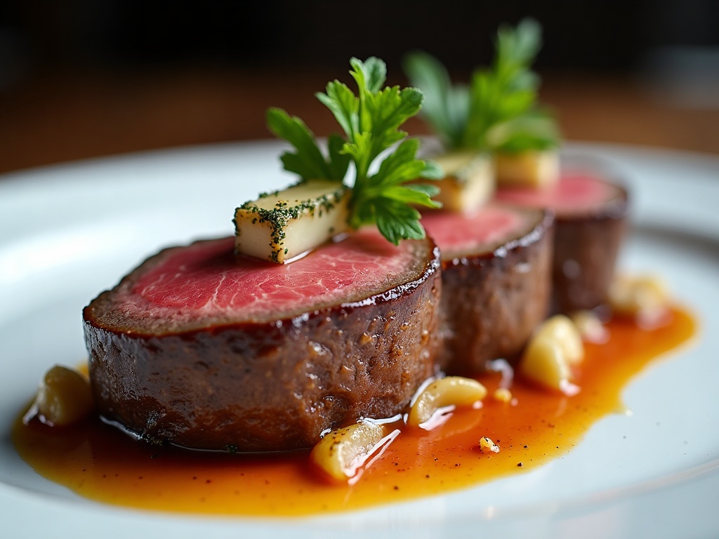 Wagyu beef sliced with truffle shavings on white plate