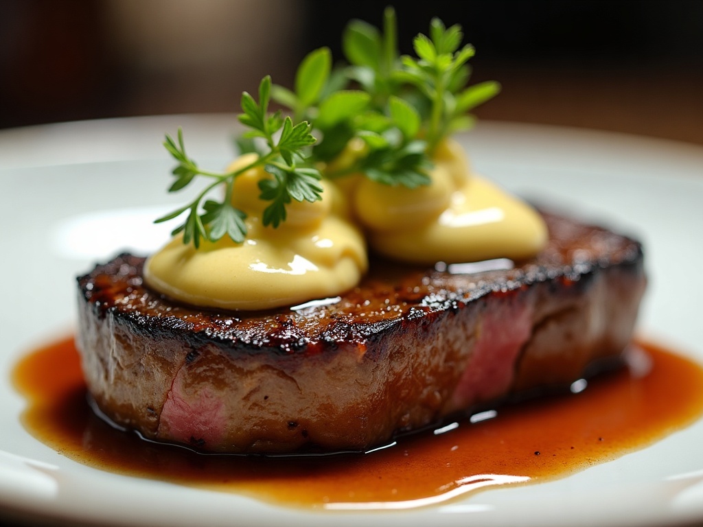 Pan-seared ribeye steak topped with truffle butter and shaved black truffle, restaurant style