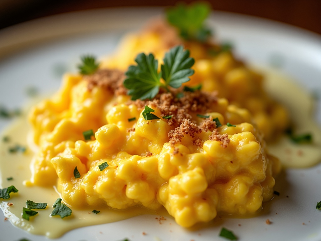 Soft truffle scrambled eggs on toast topped with shaved black truffle, restaurant style