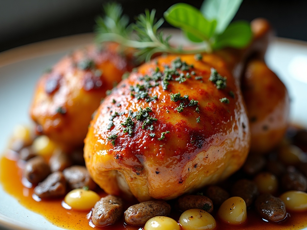 Roast chicken with golden skin and truffle butter visible underneath, on serving platter