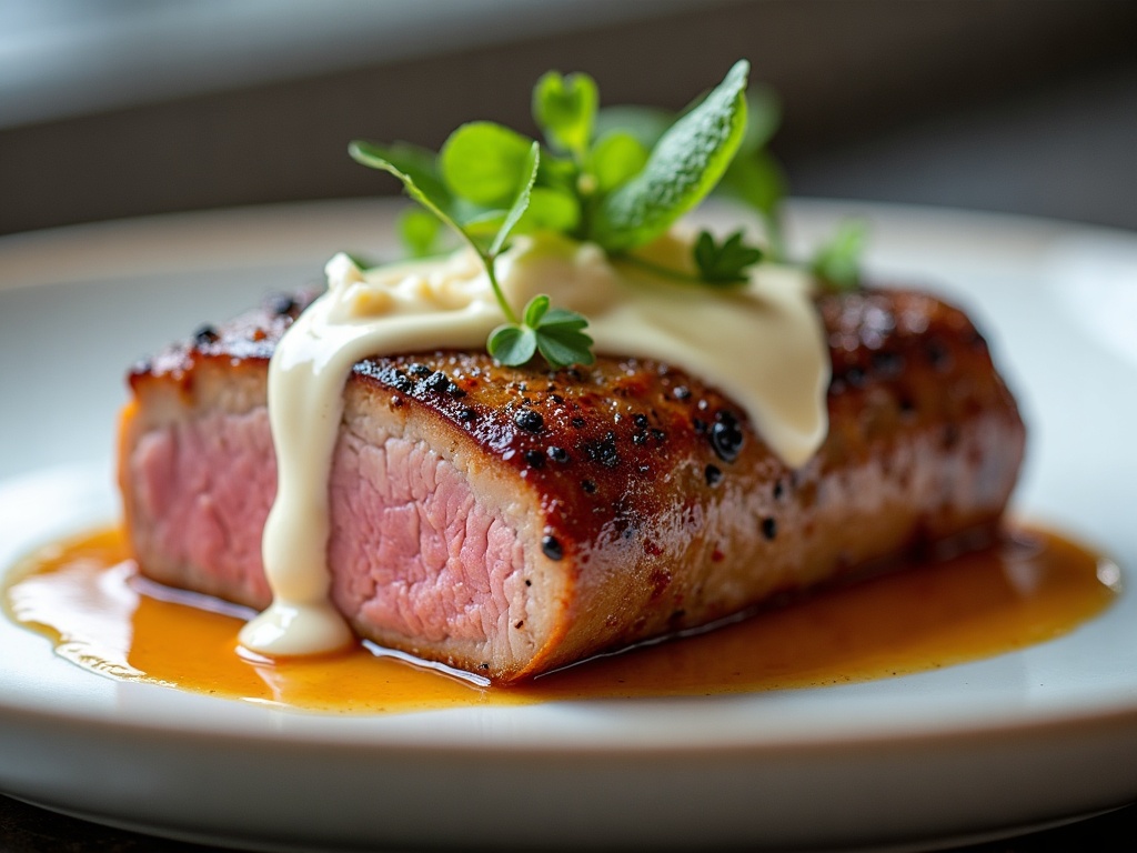 Pork tenderloin with truffle cream sauce on white plate
