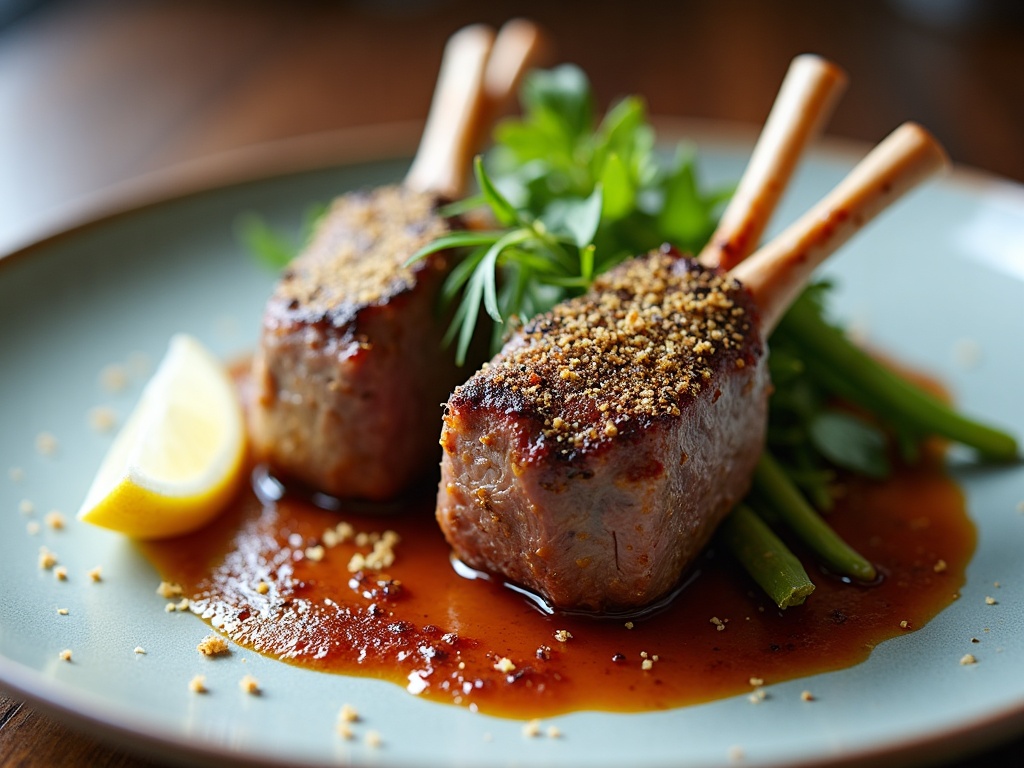 Rack of lamb with truffle crust on white plate
