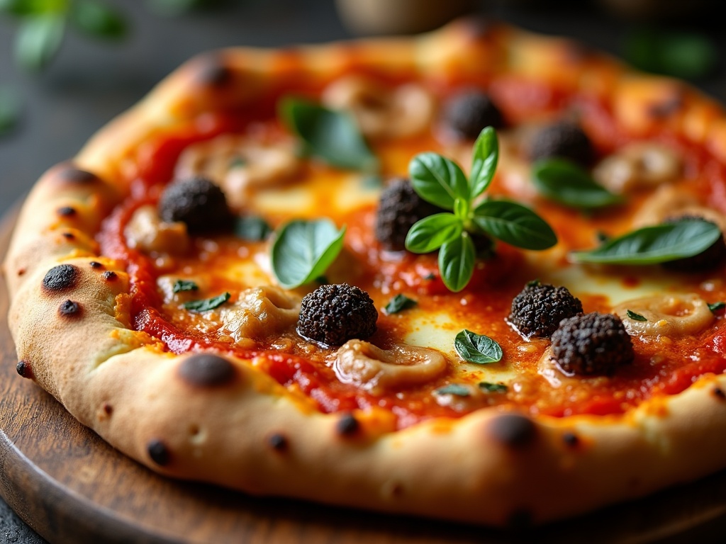 White truffle pizza with fresh truffle shavings on wooden board