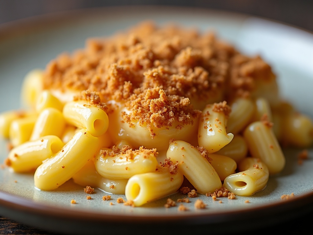 Truffle mac and cheese in ramekin with golden panko top and truffle shavings