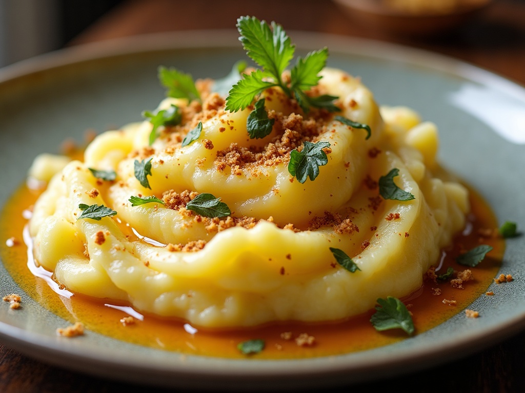 Truffle mashed potatoes with butter pool and truffle shavings