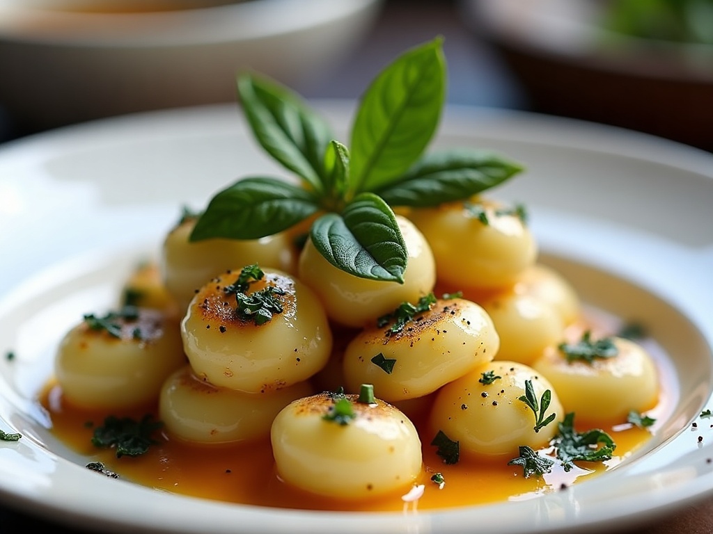Truffle gnocchi with sage butter and fresh truffle shavings on white plate