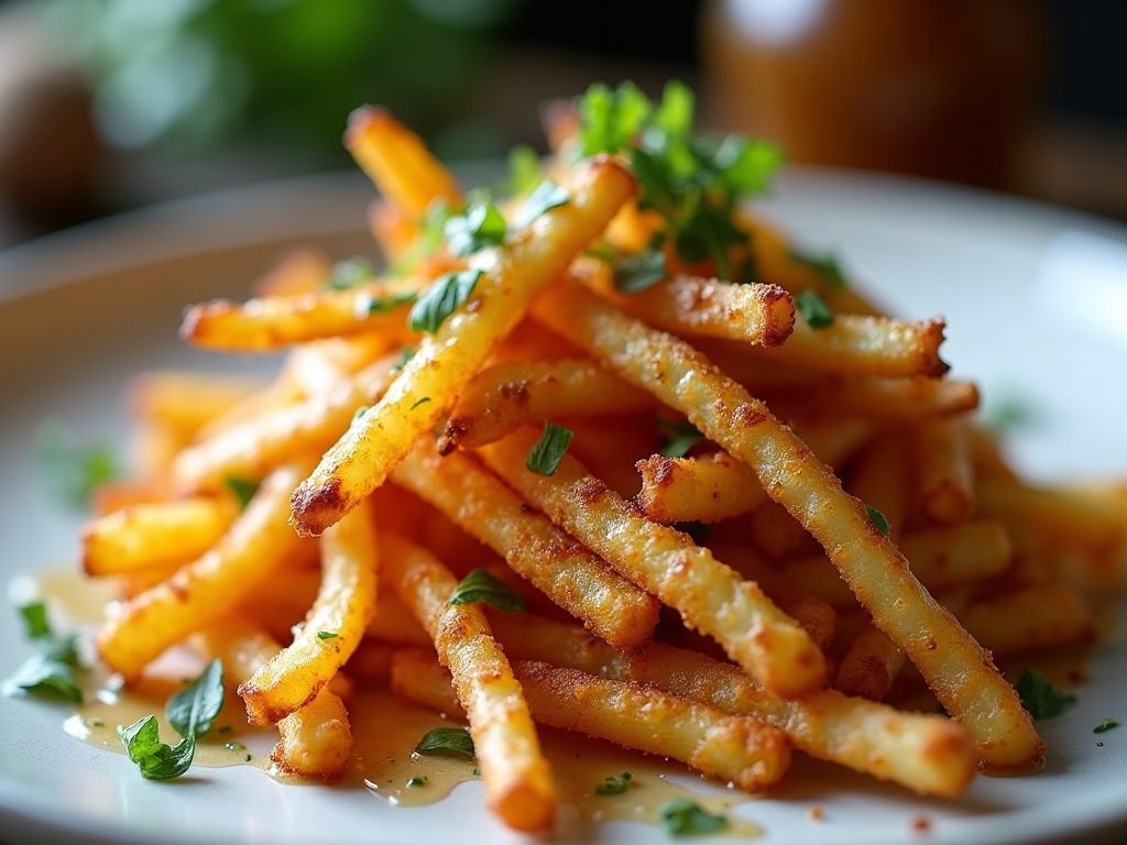 Crispy truffle fries with parmesan, parsley, and shaved black truffle in paper cone