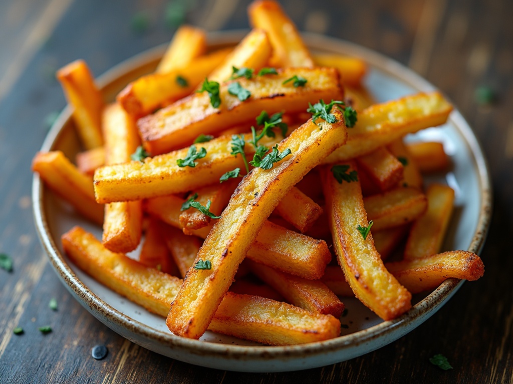 Chips being lifted from hot oil with golden crisp surface