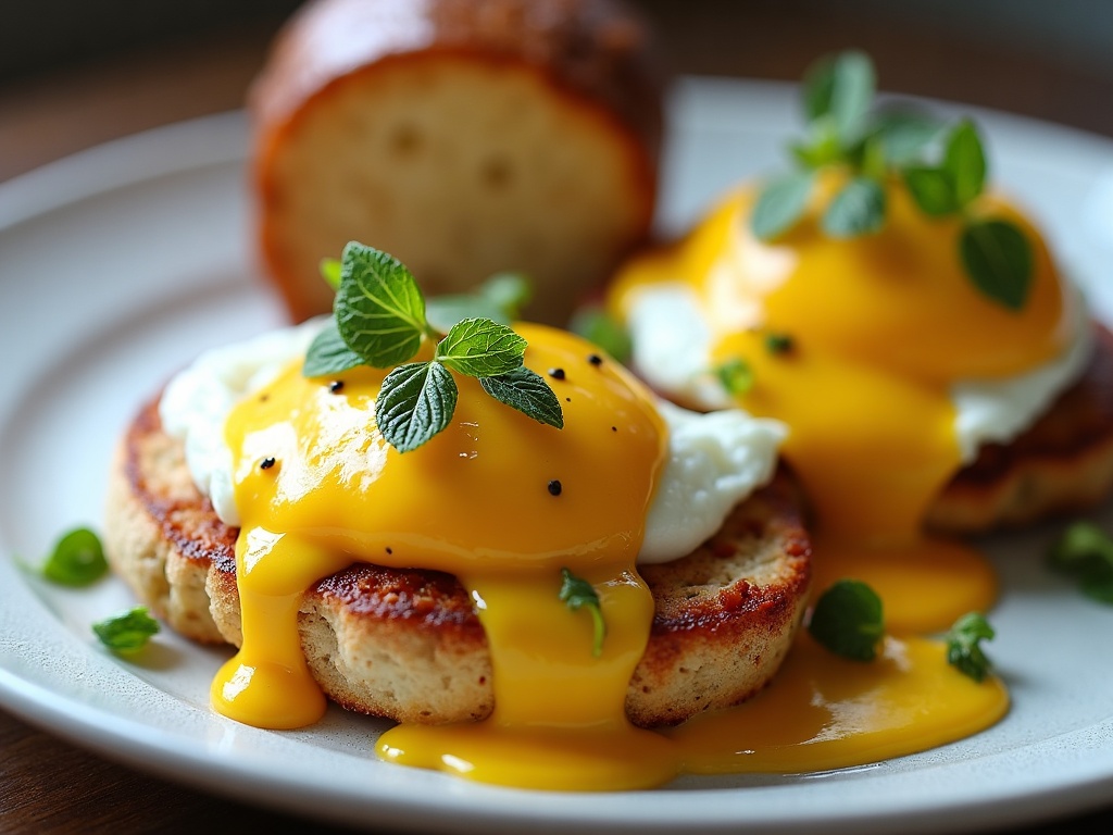 Eggs Benedict with rich hollandaise and microgreens