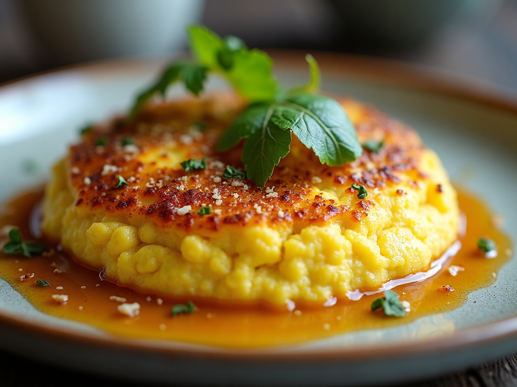 French omelette with truffle shavings on white plate