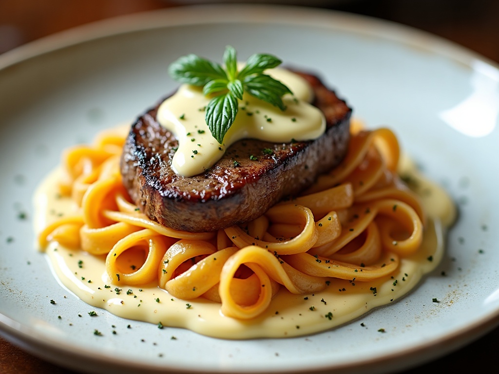 Truffle cream sauce in white pan with truffle shavings