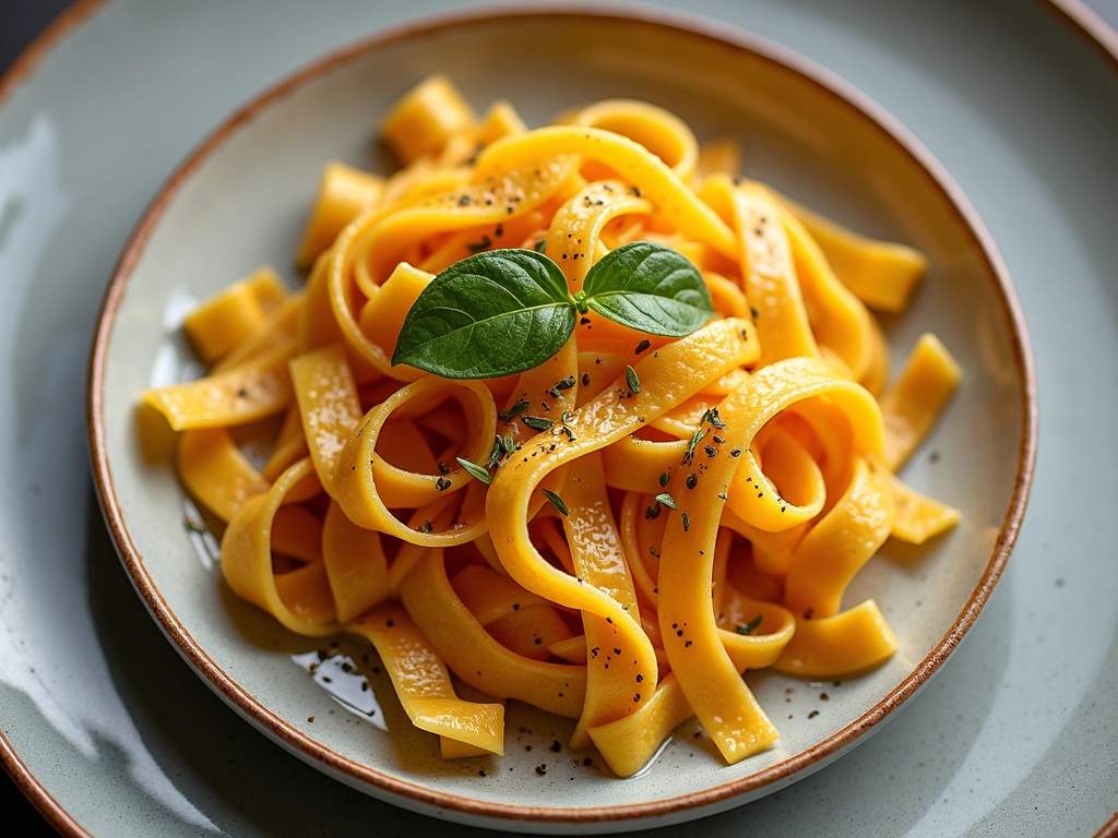 Fresh tagliatelle being tossed with butter and parmesan in a wide pan