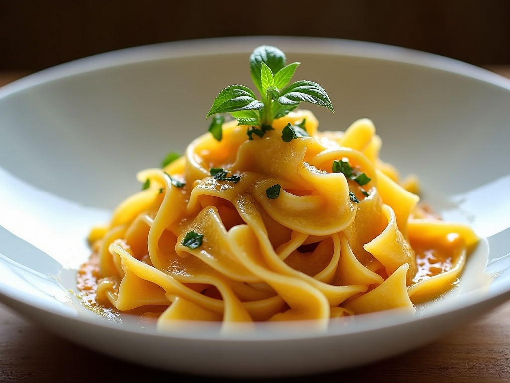 Fresh tagliatelle al tartufo with shaved white truffle on rustic wooden board