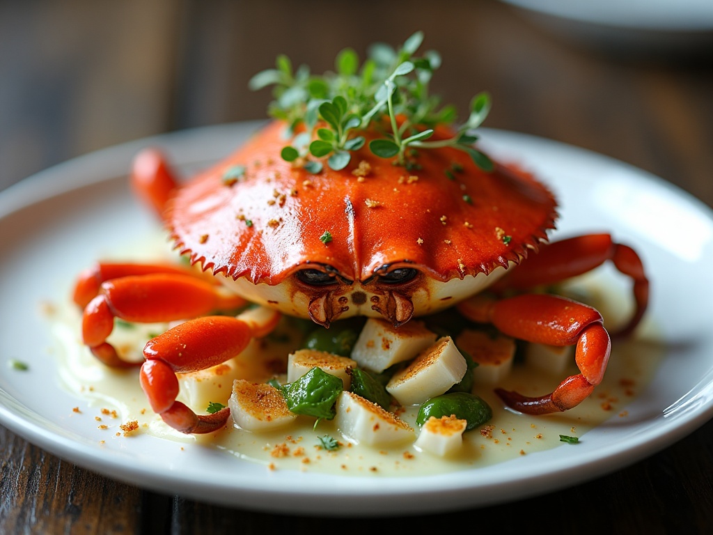 Crispy soft-shell crab with lemon and chilli mayonnaise on white plate, restaurant style
