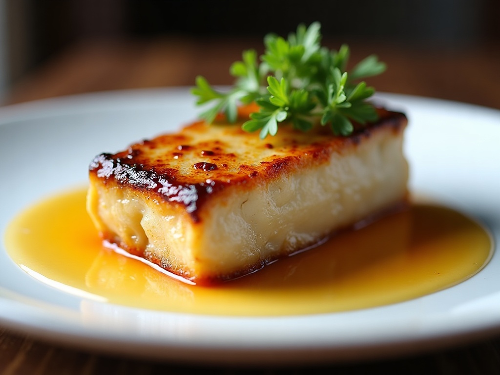 Pan-seared foie gras with port reduction and toasted brioche on white plate, restaurant style