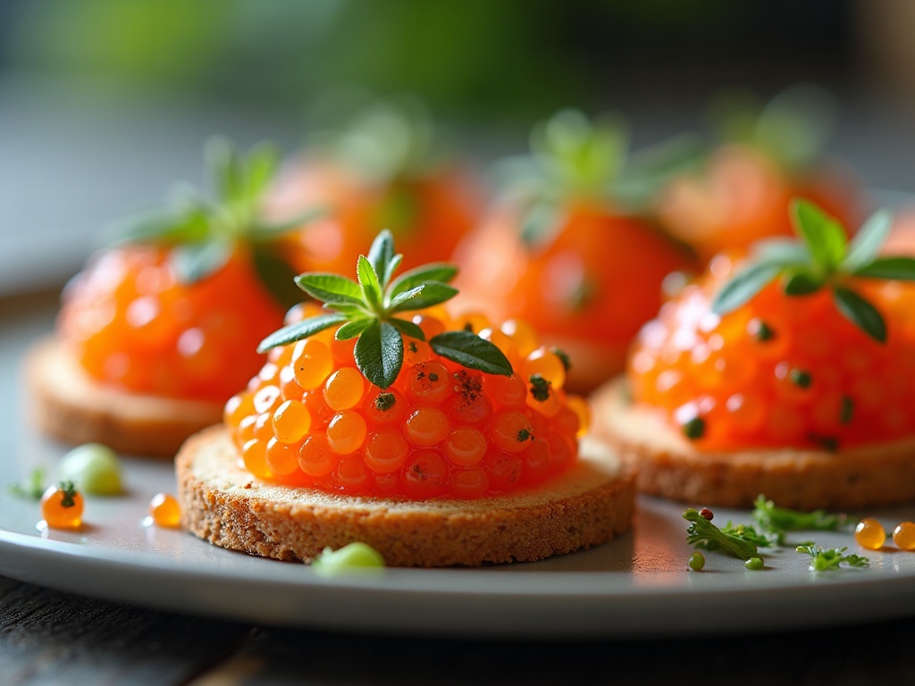 Selection of Caspian caviar canapés on dark wooden board with vodka shot glasses