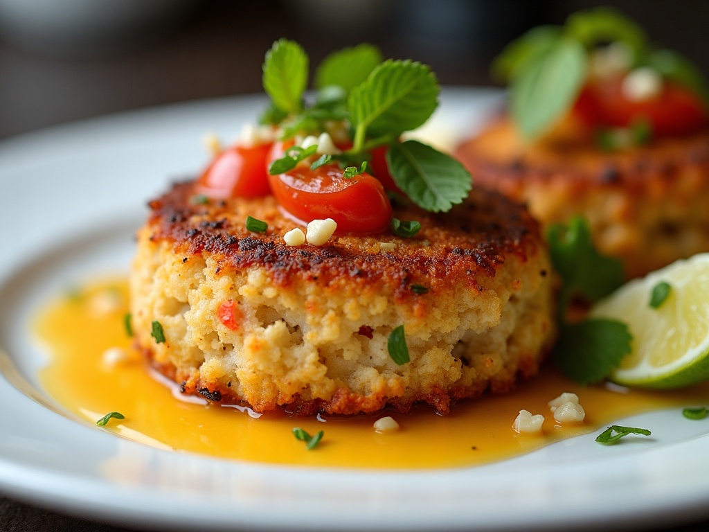 Maryland crab cakes with lemon wedges and tartare sauce on white plate, classic American serving