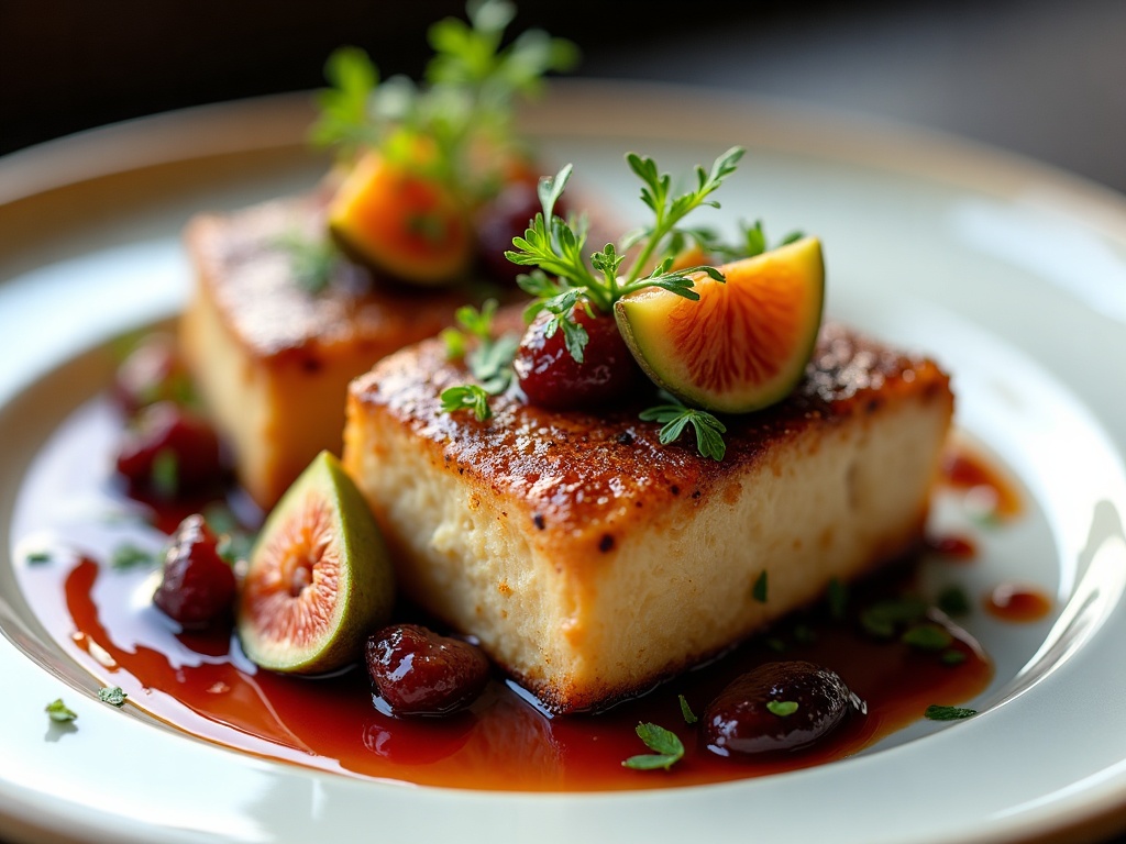 Seared foie gras with fresh black figs and port reduction on white plate, restaurant style