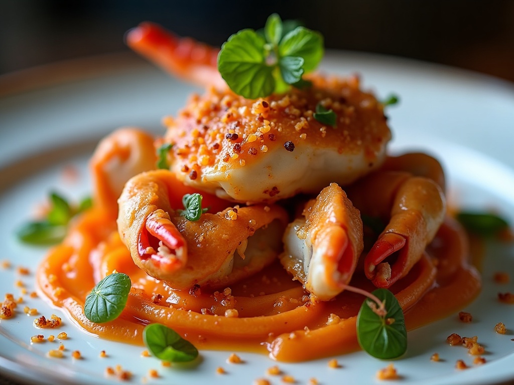 Salt and pepper crab with chilli, garlic, and spring onions on platter