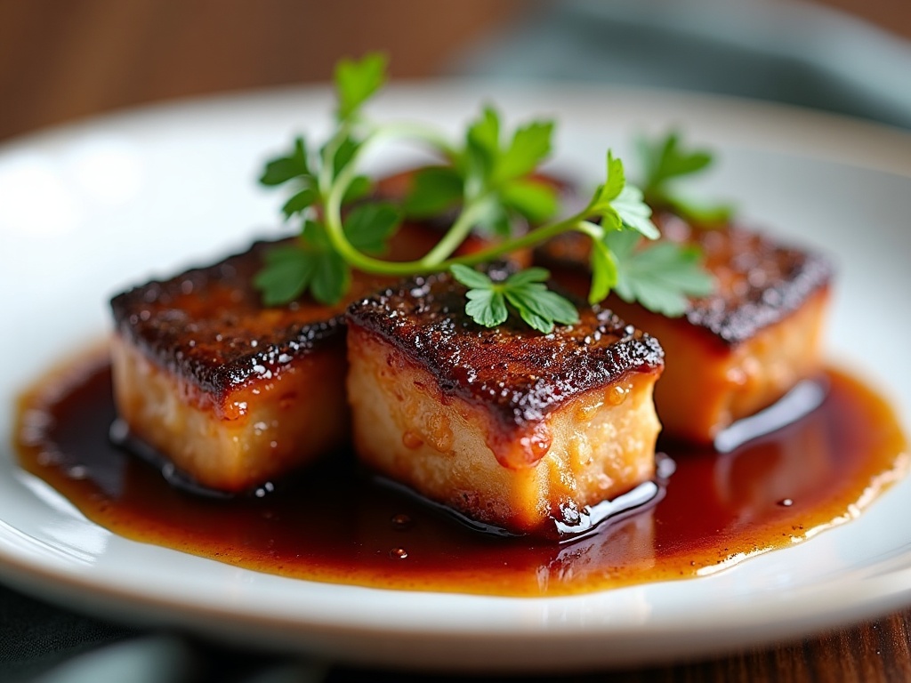Seared foie gras with port reduction on white plate