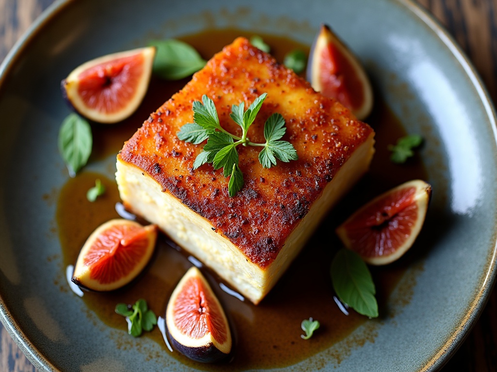 Halved figs caramelising in dry pan with thyme sprig