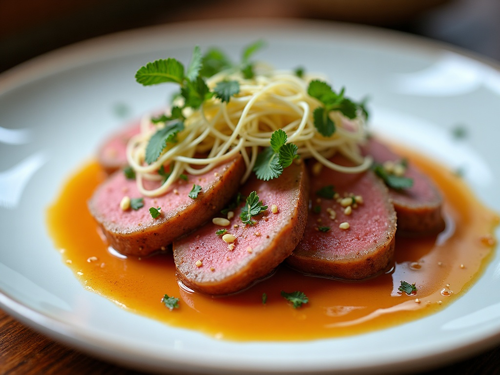 Duck breast with seared foie gras and port reduction on white plate