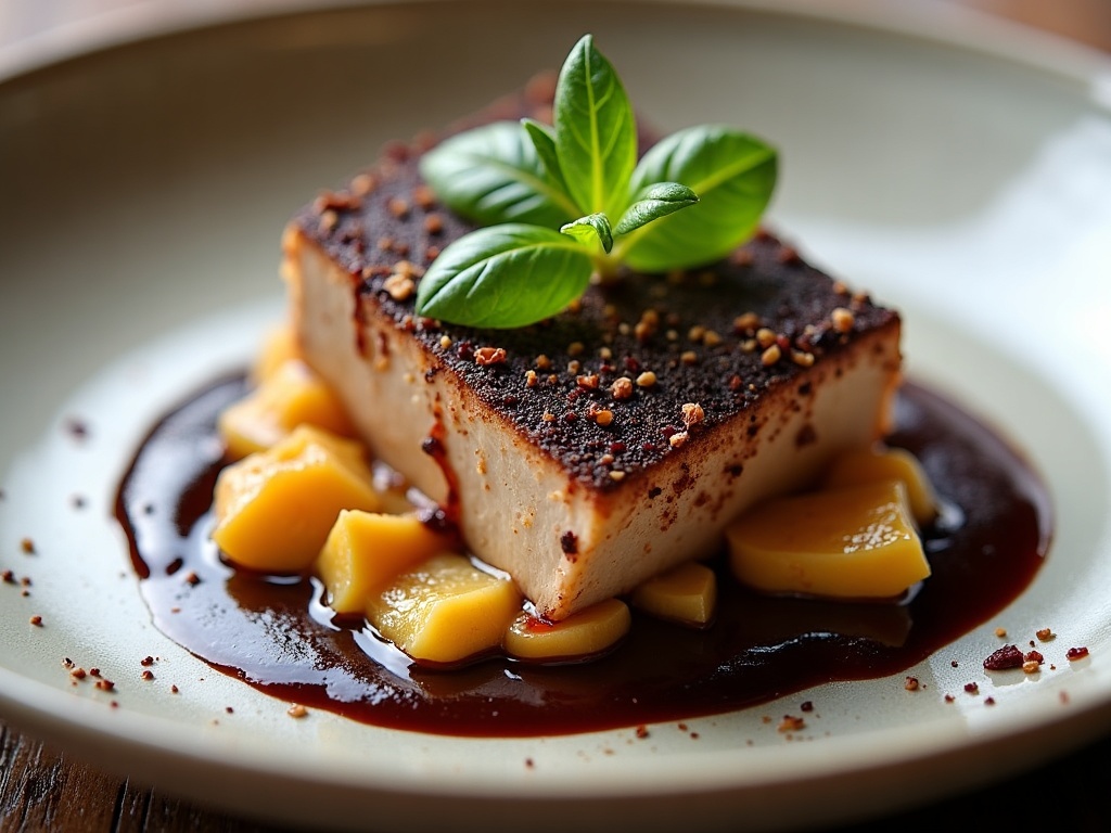 Seared foie gras with dark chocolate drizzle and salt flakes