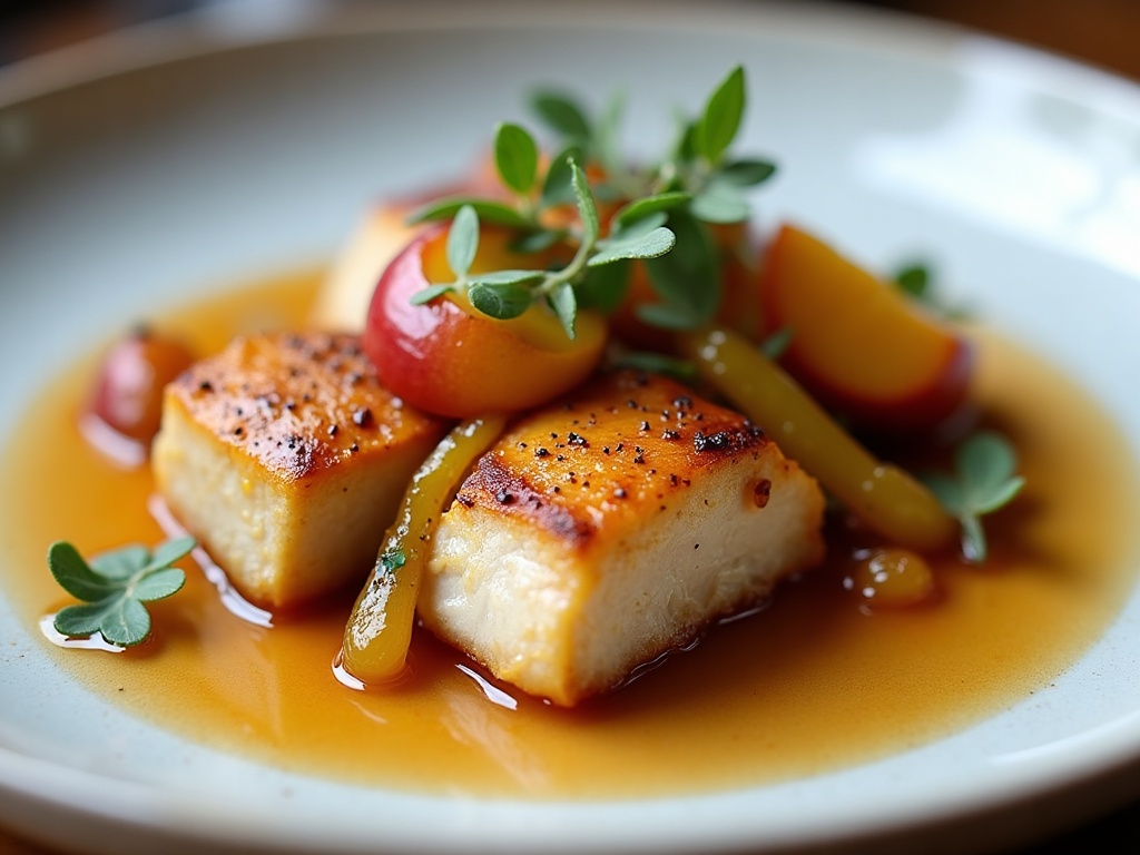 Seared foie gras with caramelised apples and calvados reduction on white plate