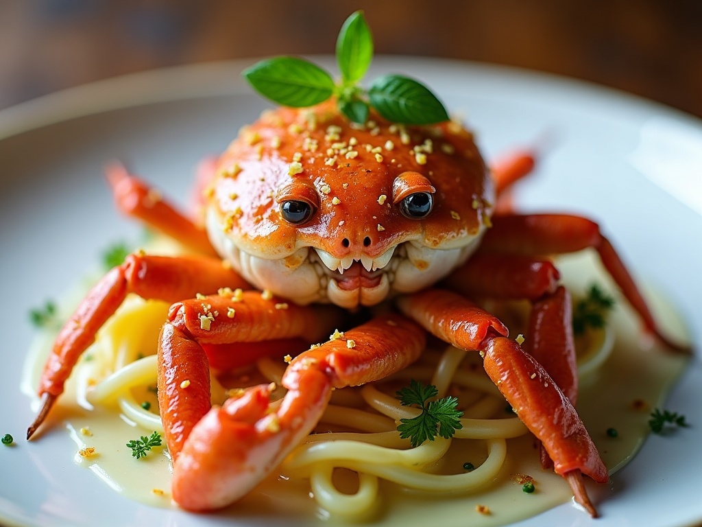 Dressed crab with white and brown meat presented separately in cleaned crab shell, with lemon and parsley