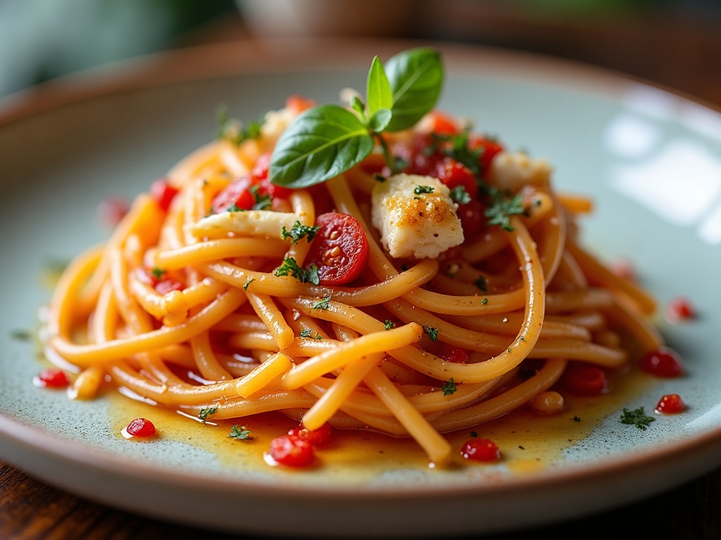 Crab tagliatelle with cherry tomatoes and chilli