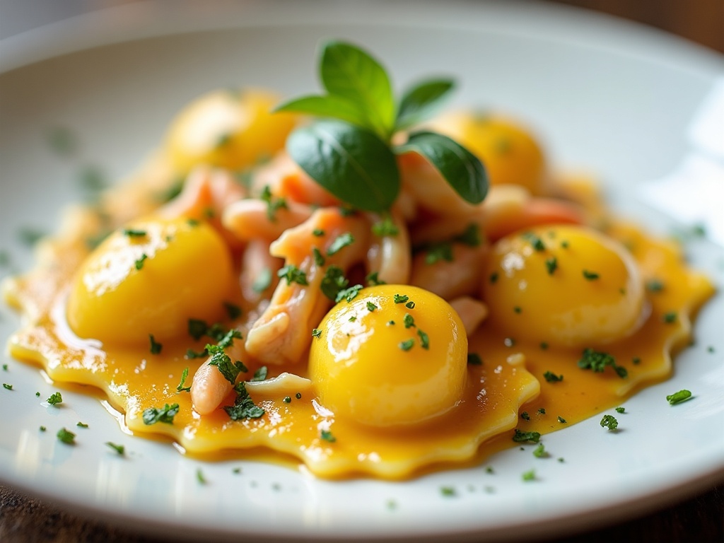 Crab ravioli with lemon butter and parsley in shallow bowl