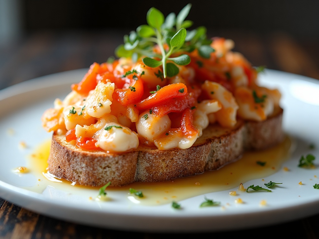 Crab on sourdough toast with lemon and chilli flakes on white plate, restaurant-style lunch