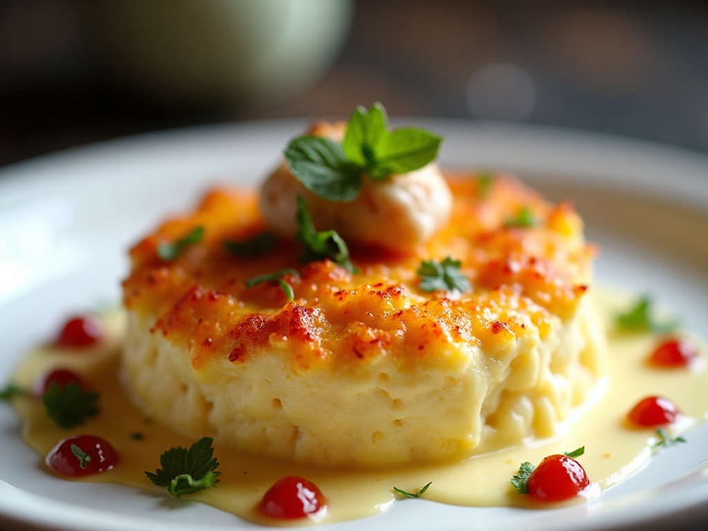 Crab gratin with golden Gruyère top in white dish